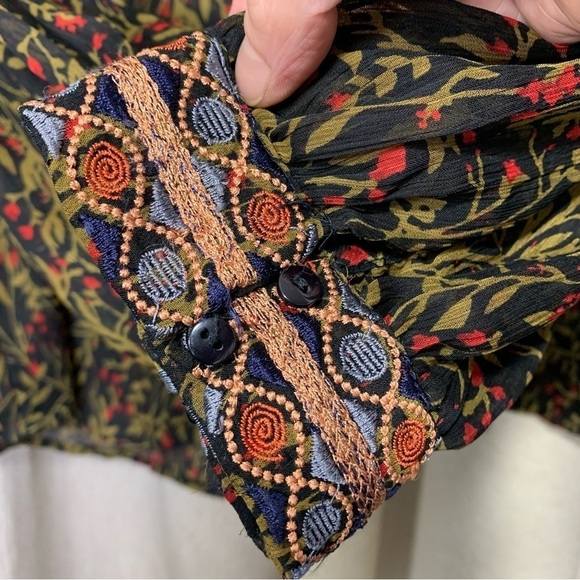 Zara Sheer Embroidered Blouse Top Sz M Black Floral Balloon Sleeve Feminine Boho - Picture 7 of 13